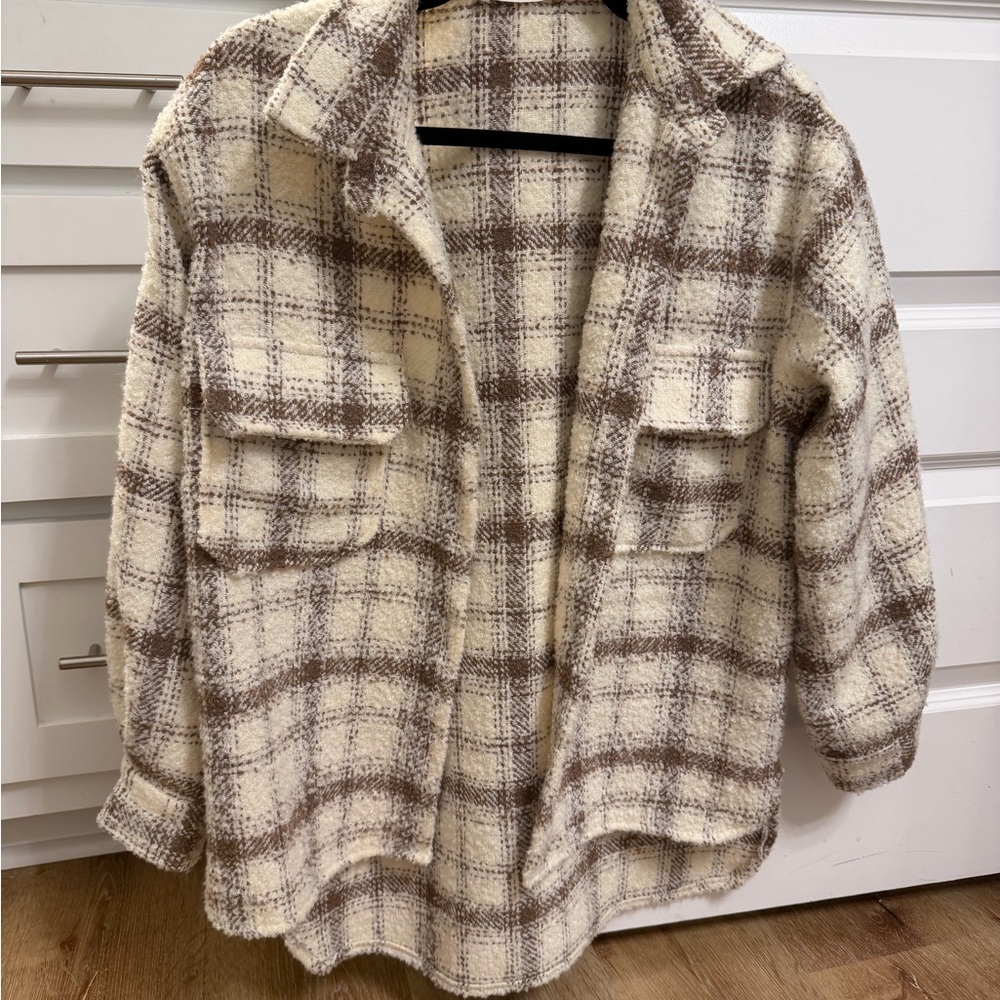 12th Tribe Cream and Brown Plaid Teddy Jacket